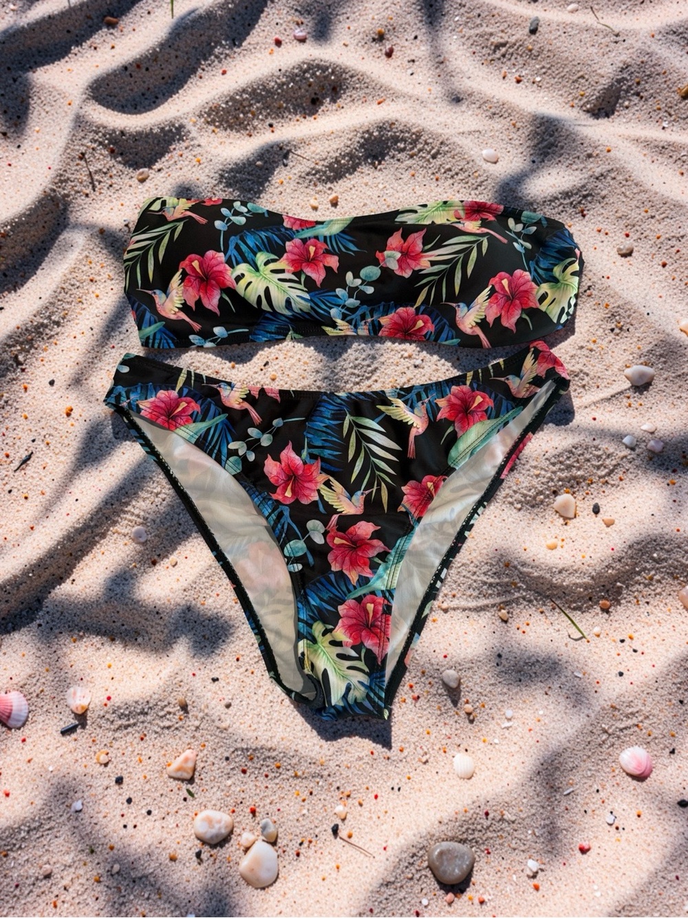Black Floral Bandeau Bikini Set with Pink Hibiscus - Women's Swim